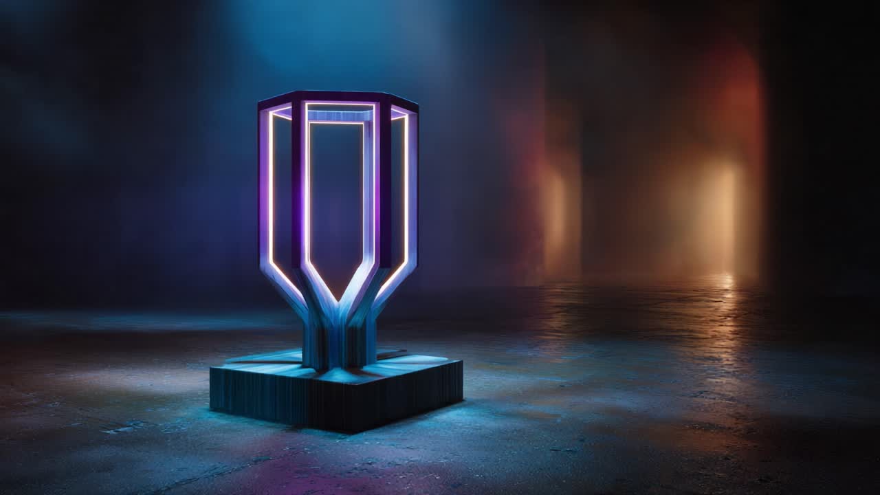 En slående oplyst skulptur fanger opmærksomheden i et dæmpet belyst miljø, hvor den fremviser levende farver og et futuristisk design, der skaber en fordybende atmosfære