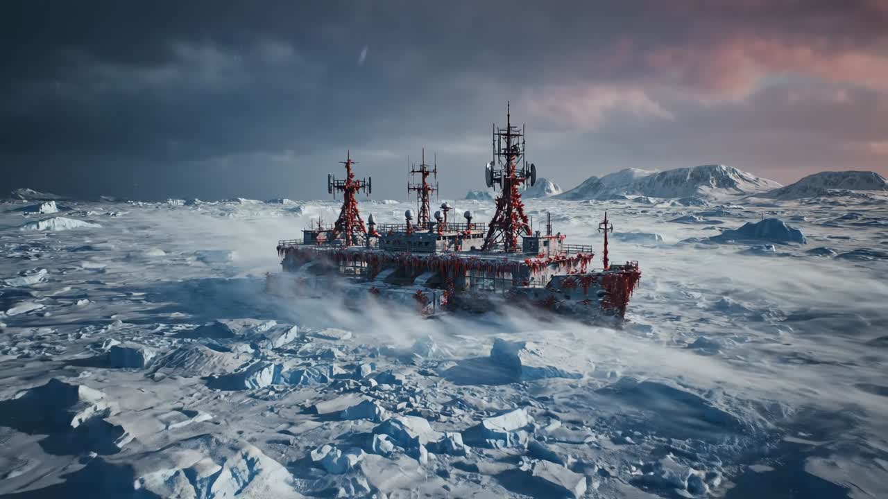 Nave da Ricerca Abbandonata Ricoperta di Crescita Rossa in un Paesaggio Artico Ghiacciato