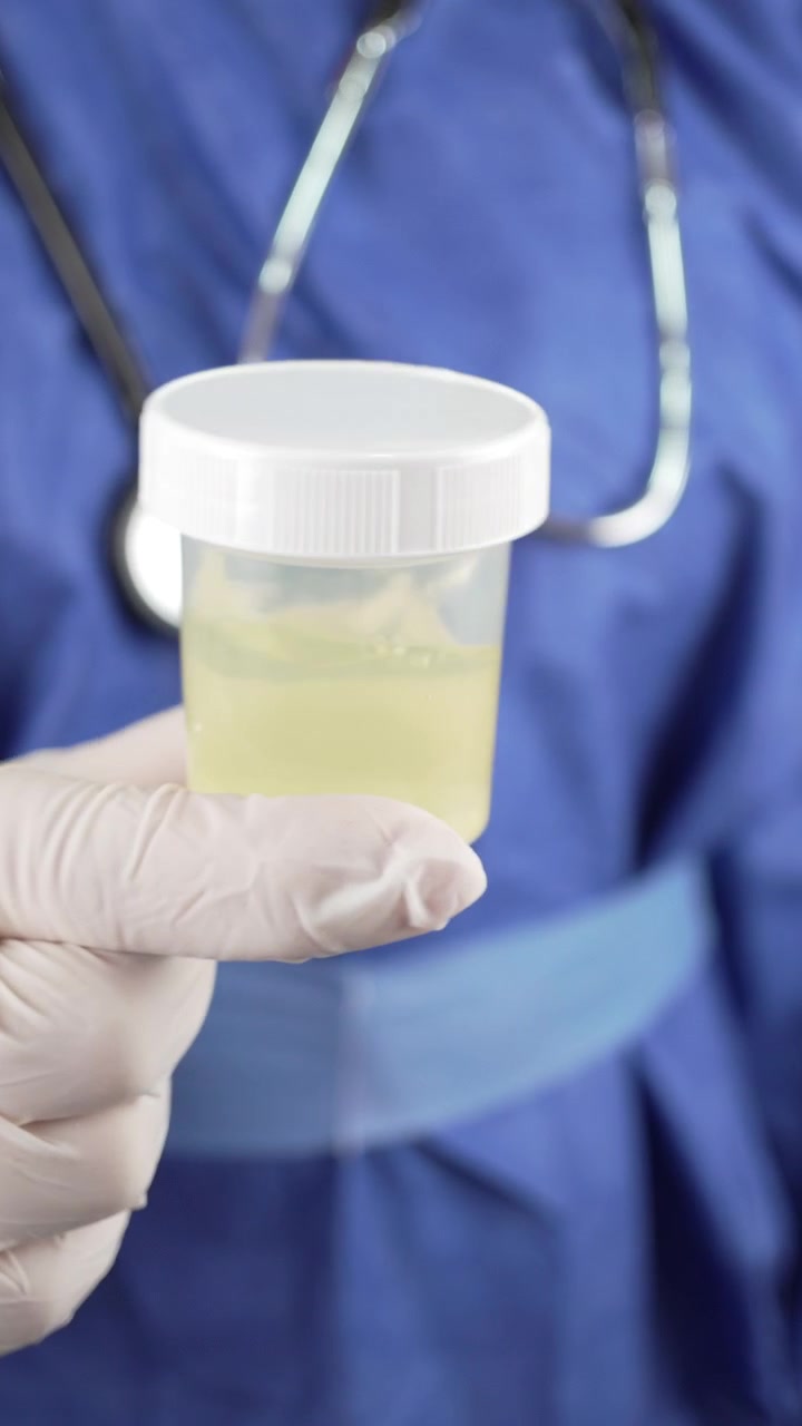 Close vertical shot of a white gloved hand holding a clear plastic urine specimen container against blue scrubs and stethoscope.