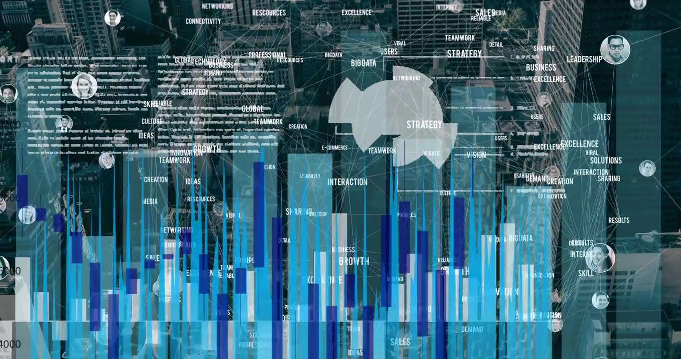 Animation of network of connections with people photographs data processing and statistics recording