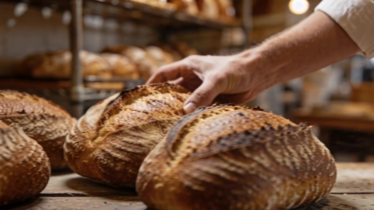 Reaching baker wearing white shirt tilting aligning crusty loaves on wood table in bakery to cool