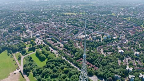 Rising-pan-down-drone-shot-of-Crystal-palace-radio-tower