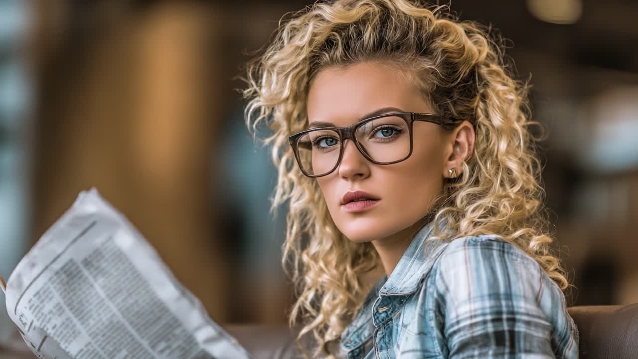 Een nadenkende vrouw met krullend haar en bril concentreert zich op het lezen van een krant, waarbij de momenten van contemplatie worden vastgelegd in een stijlvolle stedelijke omgeving