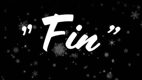 animation of fin text over white snowflakes falling on black background