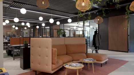 slow establishing shot of empty office with private lounge seating