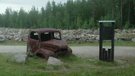 ruin and wreck of a rusty world war two truck cabine, winter war museum on the battle of raate road, finland, raateen porrti, soumussalmi, russia