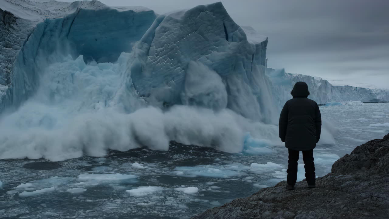 Person admiring a massive glacier landscape