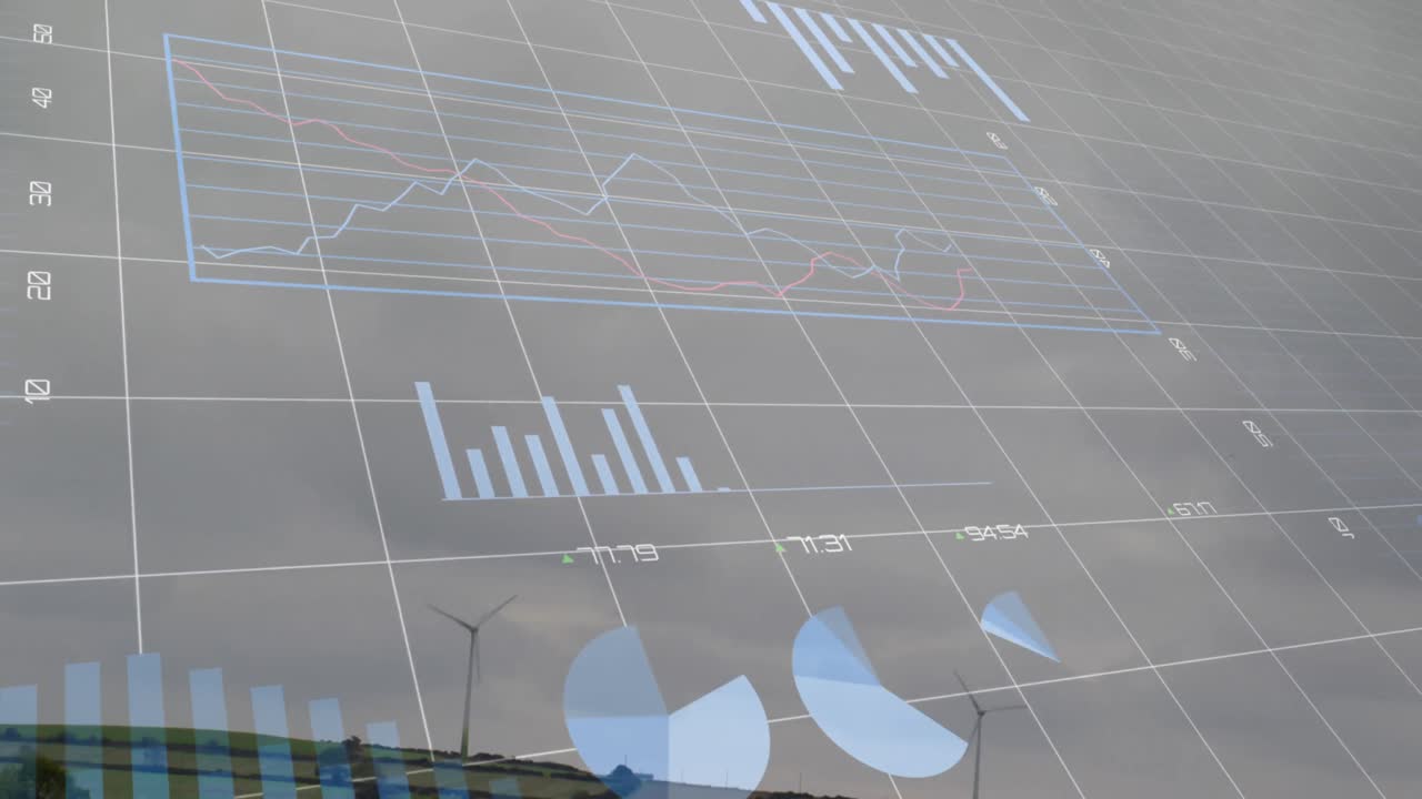 Animation af statistisk databehandling over roterende vindmøller på græsland mod en grå himmel