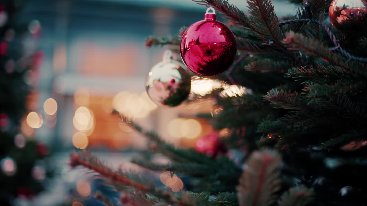 Close up of decorations on a Christmas tree in front of the Monte Carlo Casino in Monaco