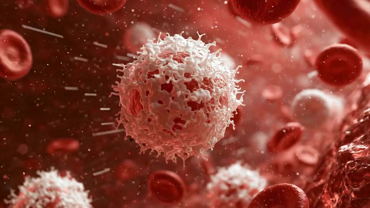Red blood cells and white immune cell floating in a medical bloodstream