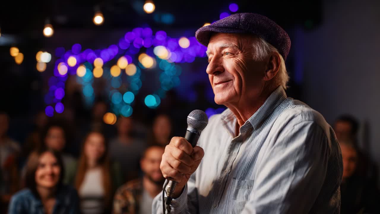 An Engaging Stand-Up Performance by an Elderly Comedian Captivating the Audience with Humor and Charm Amidst a Lively Atmosphere of Colorful Lights and Laughter