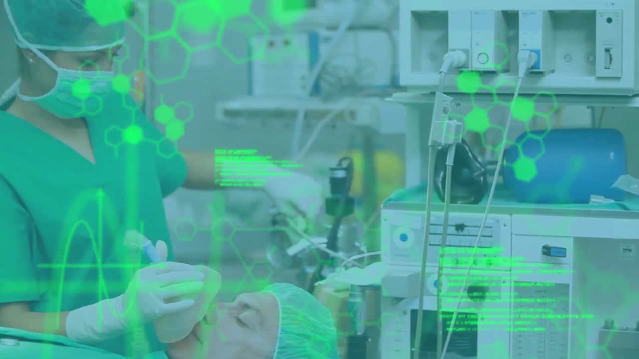 수술실에서 환자를 수술하는 외과 의사에 대한 의료 데이터 처리 애니메이션