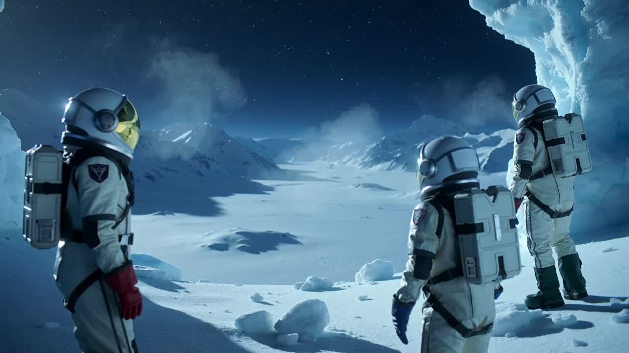 Tre astronauter i rumdragter når en iset afsats, overvåger en frossen dal om natten, med rygsække.