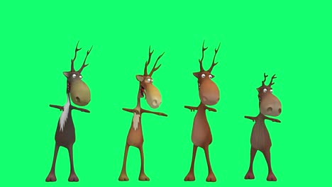 a 3d animated lively sequence of four cartoon reindeer dancing in sync, each with expressive movements on a green screen.
