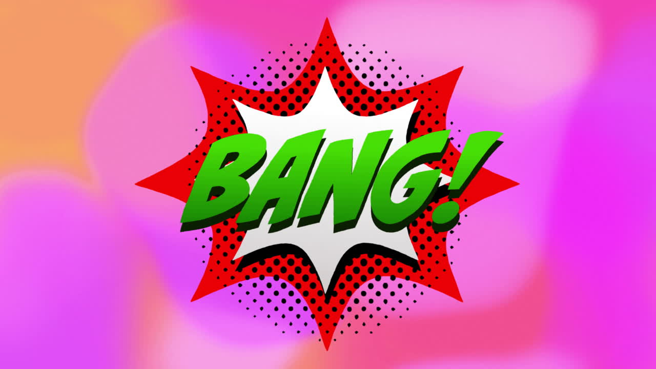 Animation of bang text over retro vibrant pattern background
