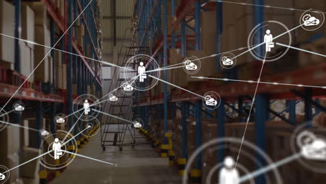 animation of network of connections with icons over warehouse