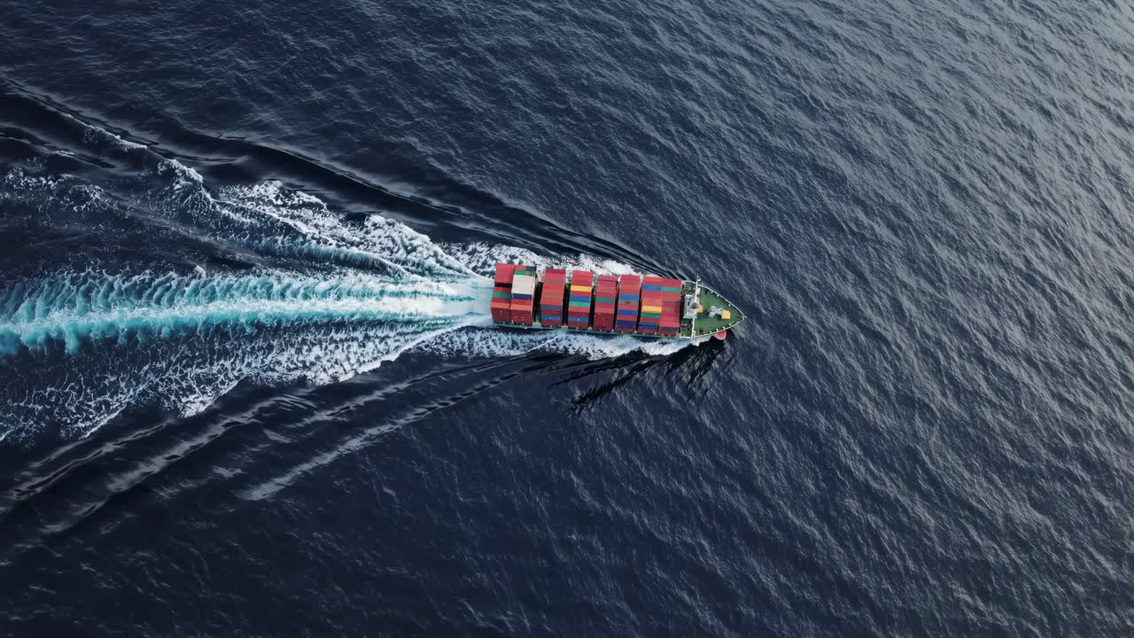 Aerial view of a cargo ship navigating through deep blue waters, creating a dynamic video effect