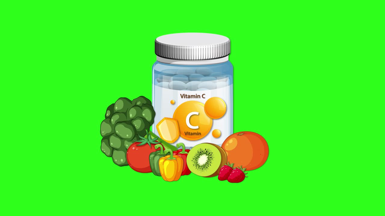 Vitamin C bottle animates with fruits appearing around it on a bright green background