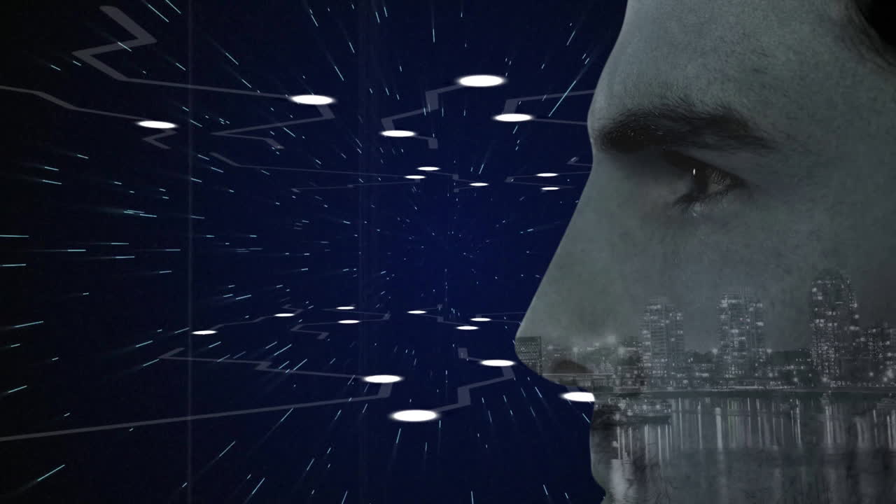 Man showing profile in technology scene, highlighting floating nodes and city skyline overlay