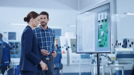 un equipo ocupado de ingenieros informáticos y especialistas se reúnen alrededor de una mesa de conferencias, discuten borradores y planos de proyectos, encuentran soluciones a problemas. sala de reuniones de la fábrica de tecnología electrónica