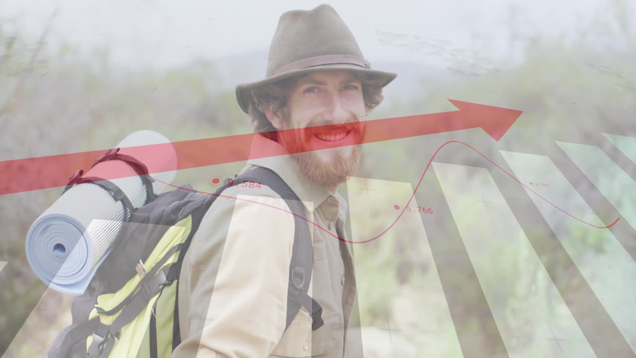 Male hiker noticing camera, walking, turning, smiling, pack, mat, red arrow overlaying, travel