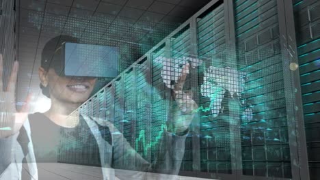 businesswoman using vr in server room