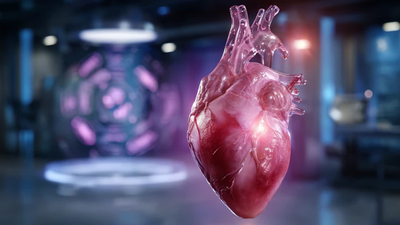 A Hyper-realistic Digital Illustration of a Heart Suspended in Space, Showcasing Intricate Details of Its Anatomy Against a Futuristic Background with Soft Lighting Effects and Technological Elements