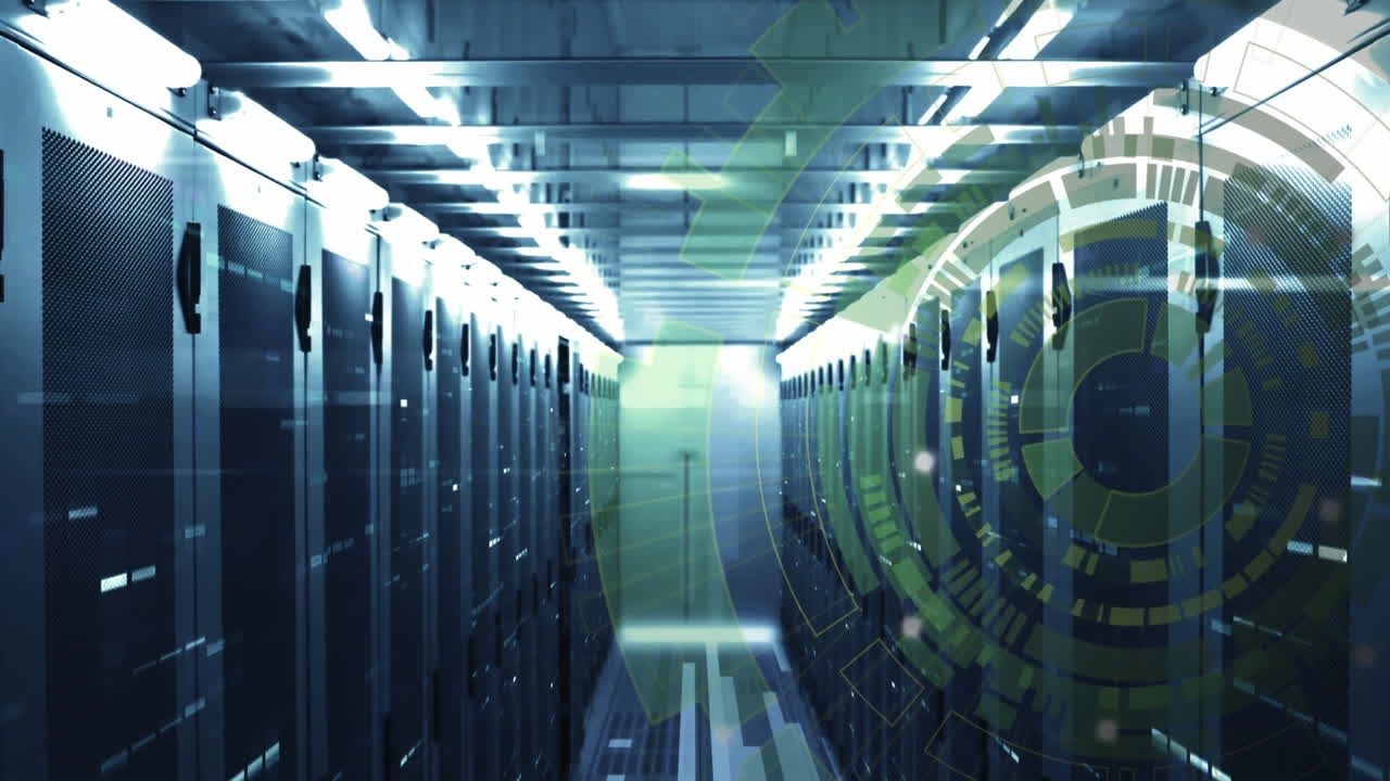 animación de círculos de carga sobre barras en sistemas de servidores de datos en la sala de servidores