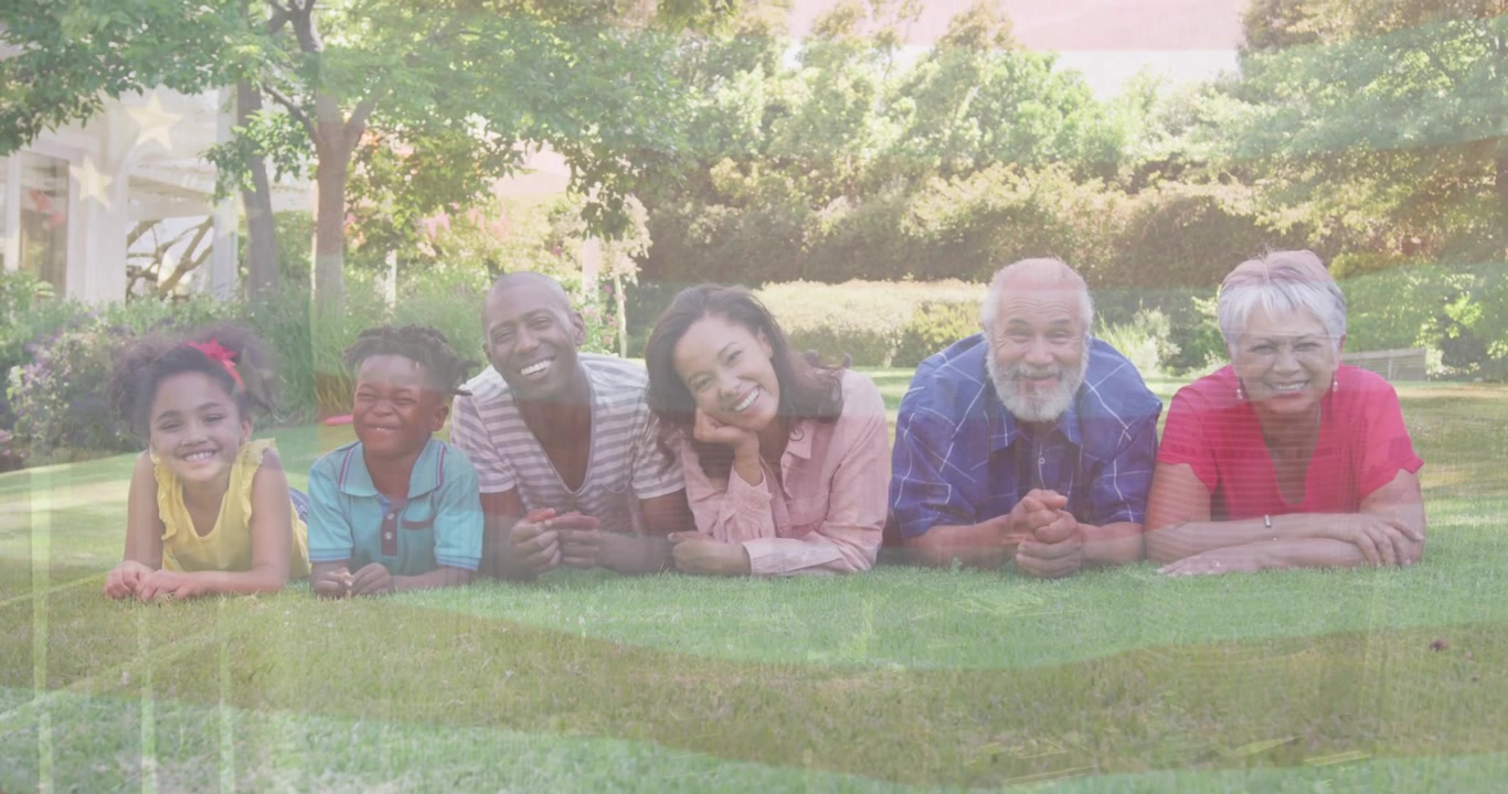Animation of flag of usa over african american family in garden