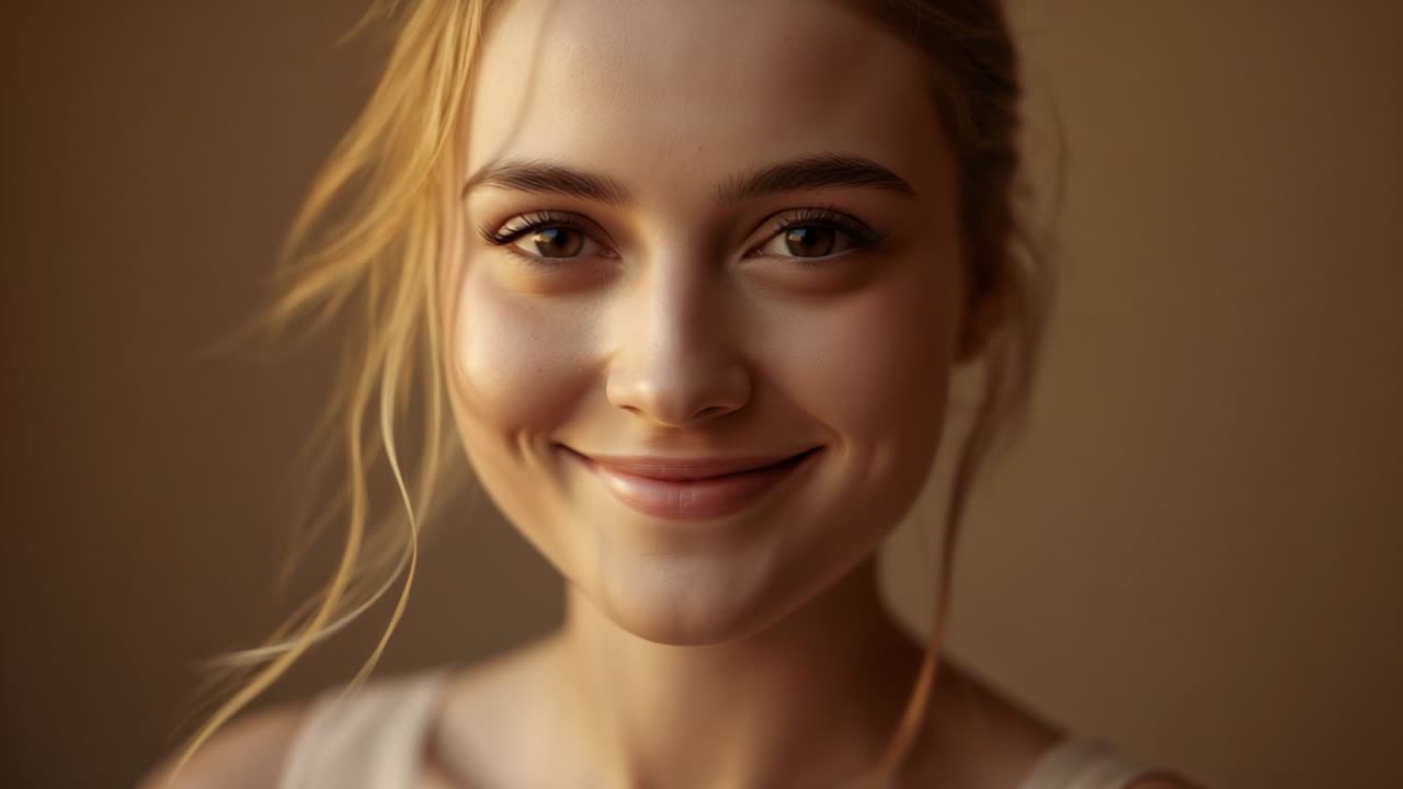 Rispondendo a una luce soffusa, donna adulta che apre gli occhi, sorridendo alla fotocamera in studio, ciocca di capelli chiara sulla parte superiore