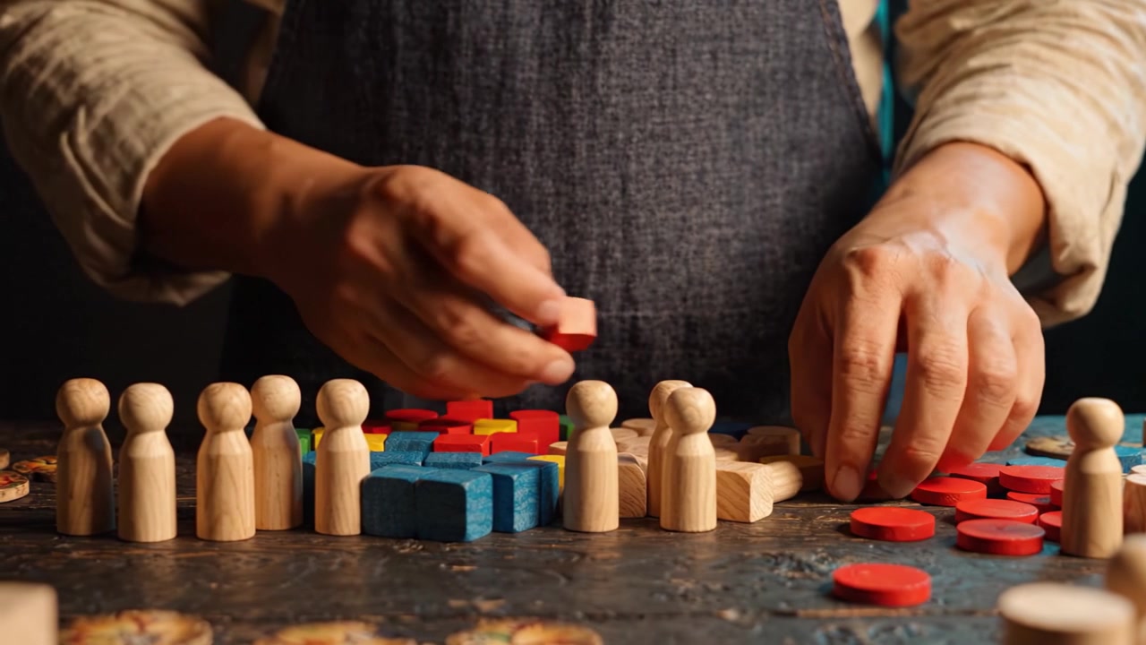 Engaging in a Strategic Board Game Setup: A Close-Up of Hands Arranging Colorful Game Pieces on a Rustic Table, Featuring Wooden Tokens and Players
