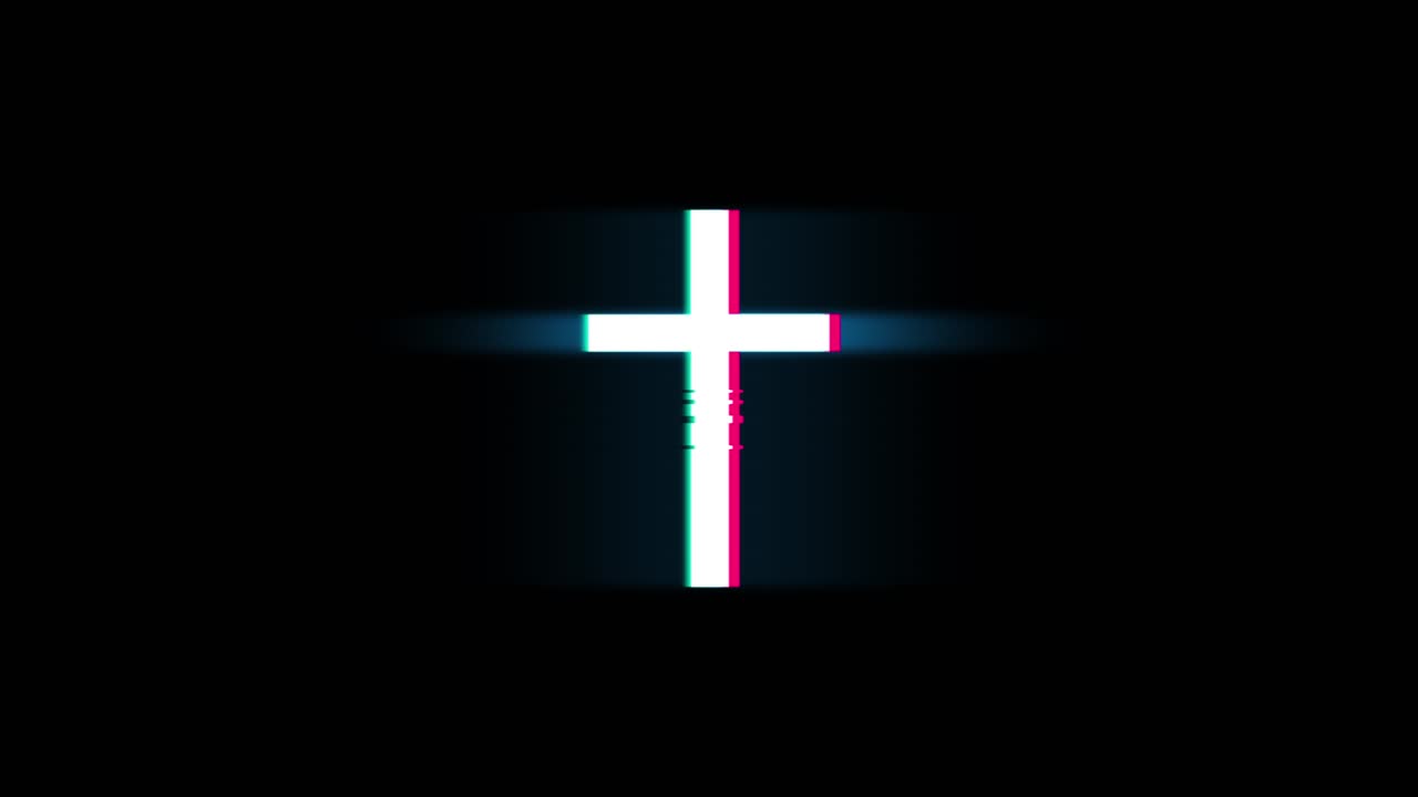 Church cross christianity religion symbol on glitch led screen retro vintage display animation 4k