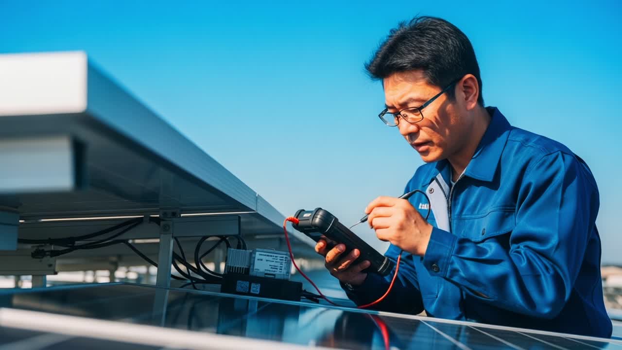 A technician inspects a solar panel system using a multimeter to ensure optimal performance and efficiency, highlighting the importance of renewable energy in modern technology
