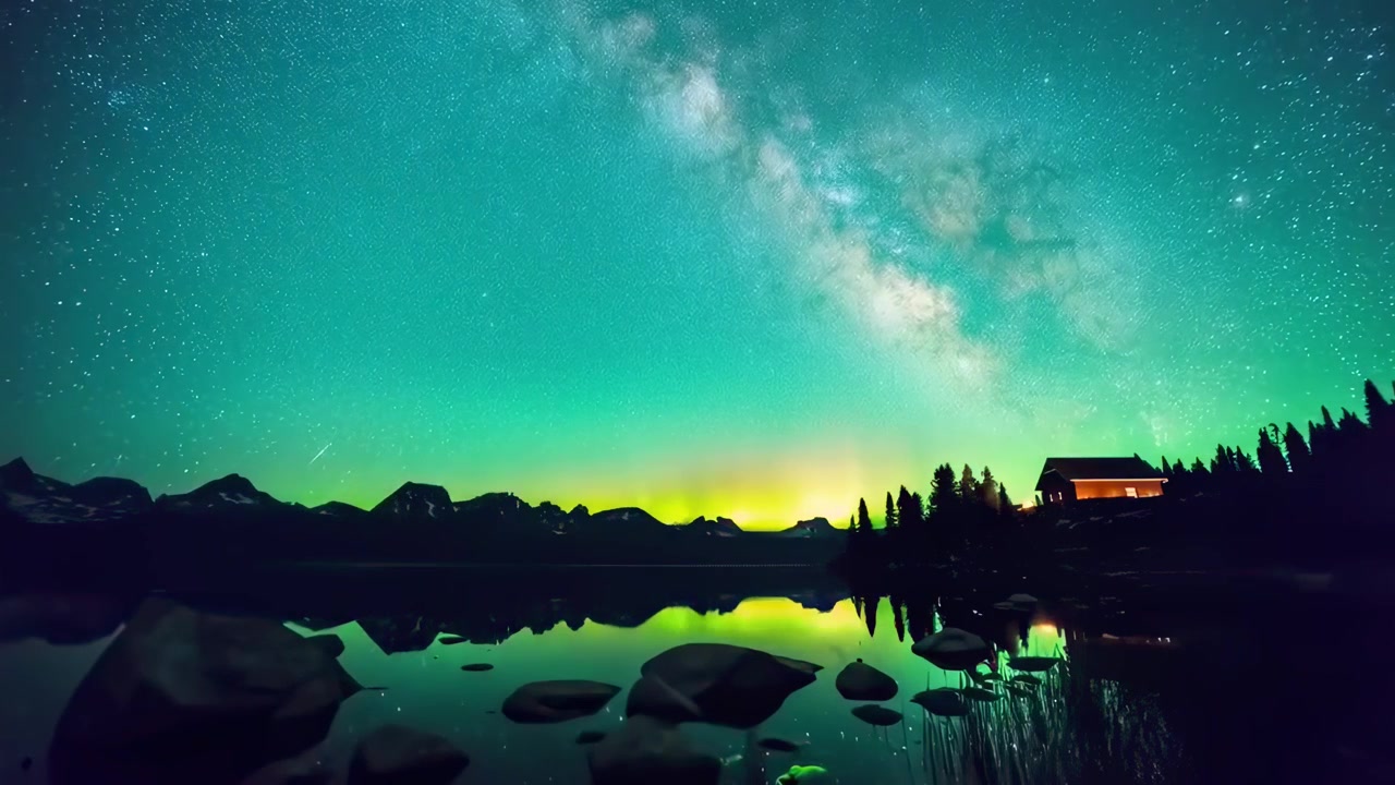 Time-lapse dell'aurora boreale e della Via Lattea riflesse in un lago
