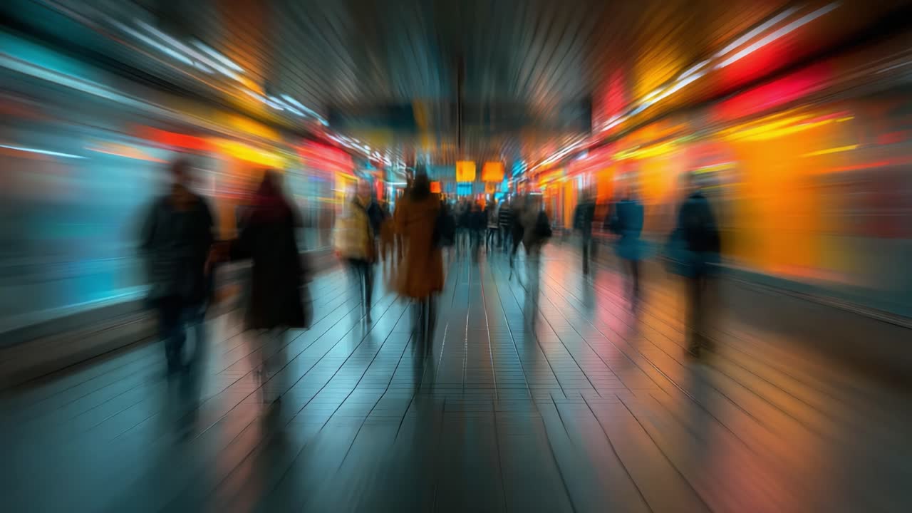 A vibrant abstract scene capturing the motion of people walking through a colorful space, with blurred lights and reflections adding a sense of energy and dynamism