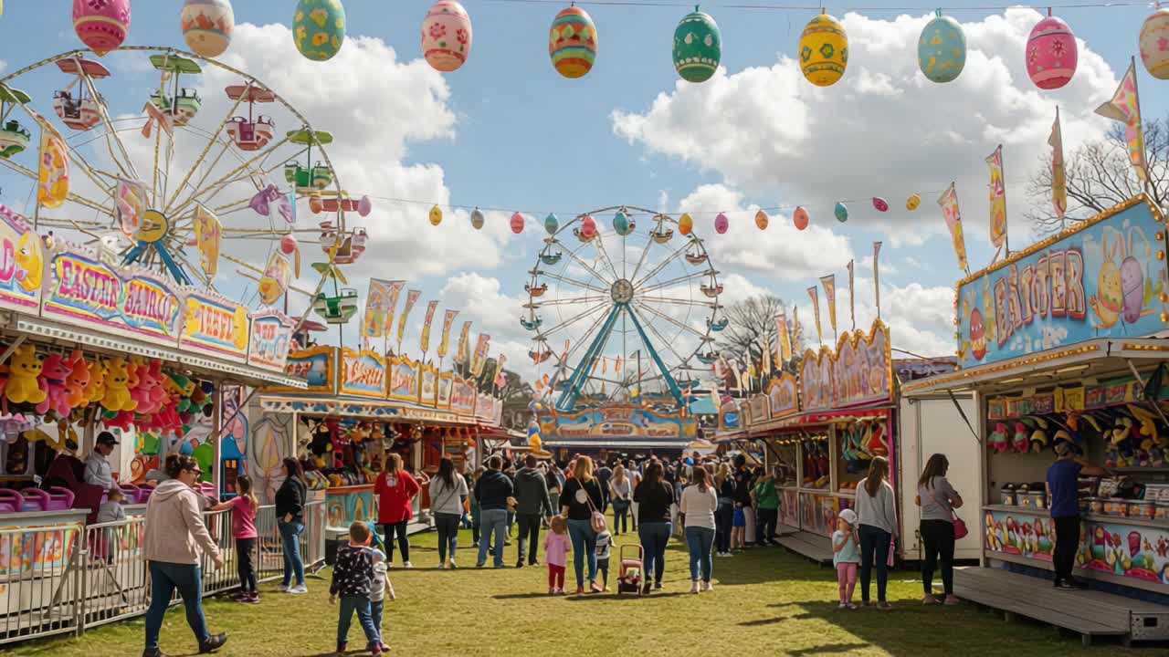 A Vibrant Carnival Scene Showcasing Colorful Rides, Festive Decorations, and Joyous Families Enjoying a Sunny Day at the Fairground Filled with Fun Activities