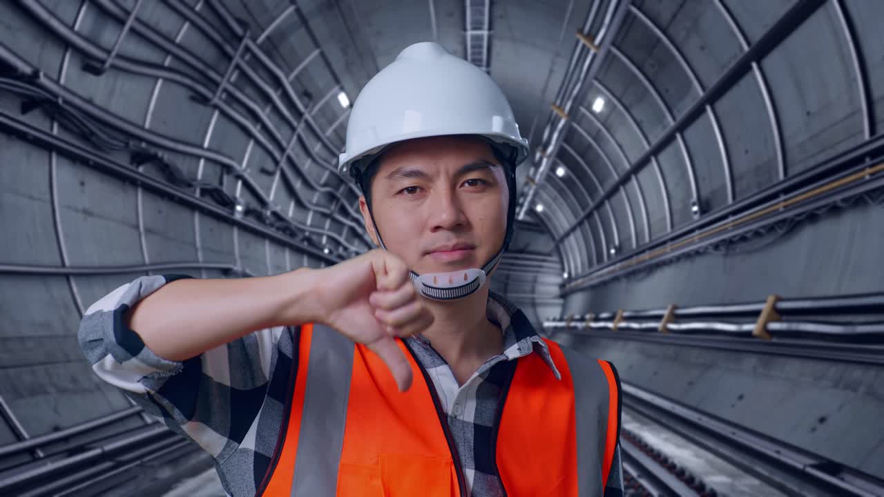 Close Up Of Asian Male Engineer With Safety Helmet Showing Thumbs Down Gesture And Shaking His Head While Standing In Underground Subway Tunnel
