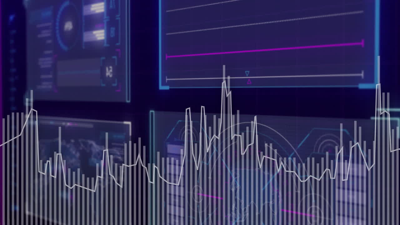 Financial data and stock market analysis animation over digital graphs and charts