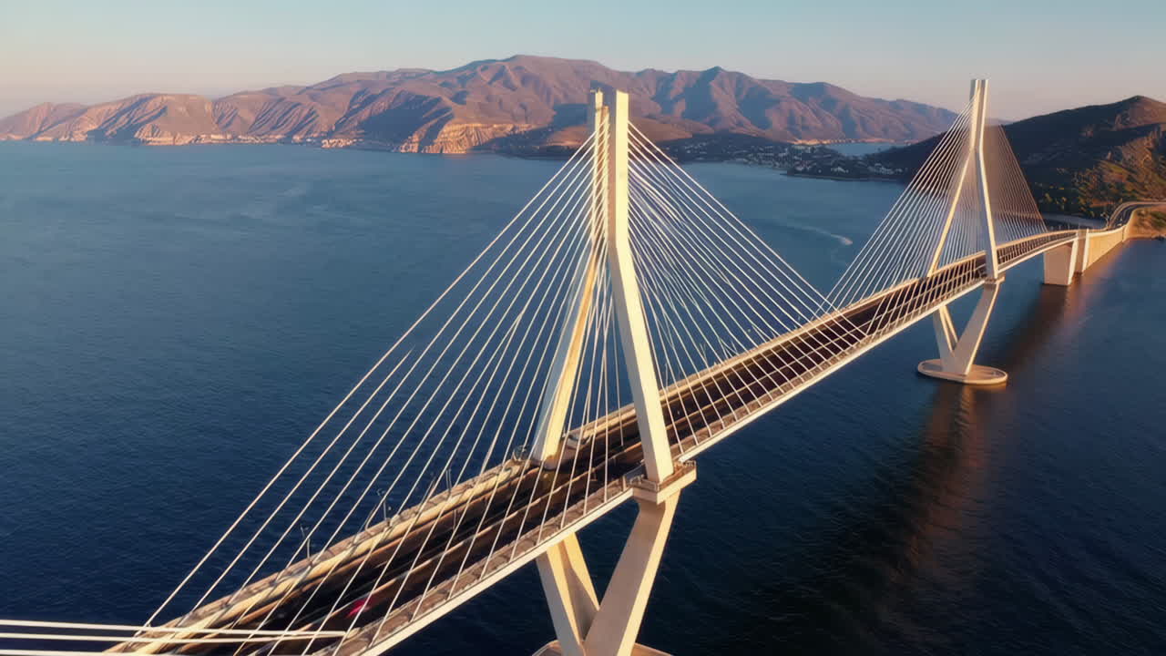 Aerial View of a Modern Cable-Stayed Bridge over Water with Mountains