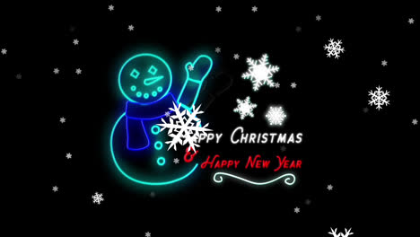 Animation-of-snow-falling-over-neon-decoration-and-happy-christmas-text-on-black-background