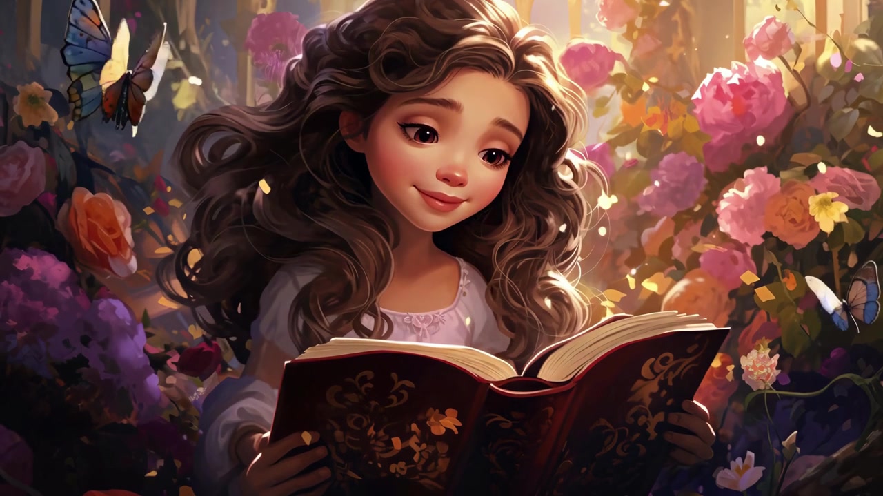 Young Girl Reading a Magical Book in a Floral Garden