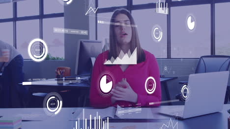 animación del procesamiento de datos financieros sobre una mujer de negocios caucásica usando computadora