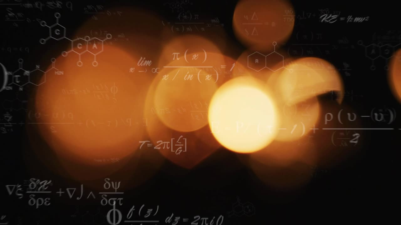 Golden blur starting bokeh lights emerging equations chemical diagrams pulsing visualizing theory