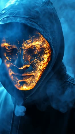 masked figure shrouded in blue smoke with a fiery face