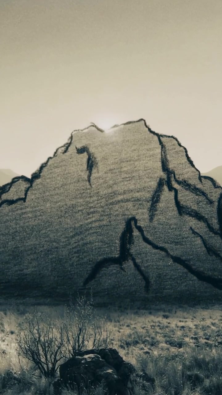 Video verticale: Telecamera che si muove verso una montagna disegnata mentre il sole provoca un bagliore sulla cima, roccia del deserto immobile