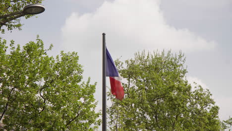 French-Flag-in-front-of-Green-Trees-on-Champs-Élysées-Paris,-France-Daylight-4K