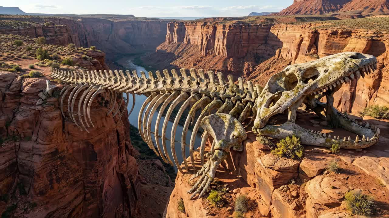 Dinosaur Skeleton in a Desert Canyon