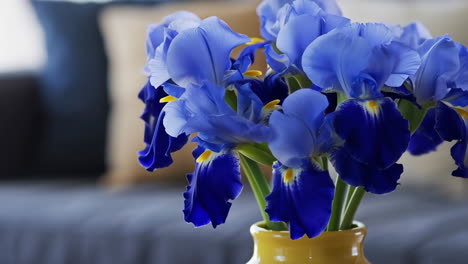 beautiful blue irises in a yellow vase