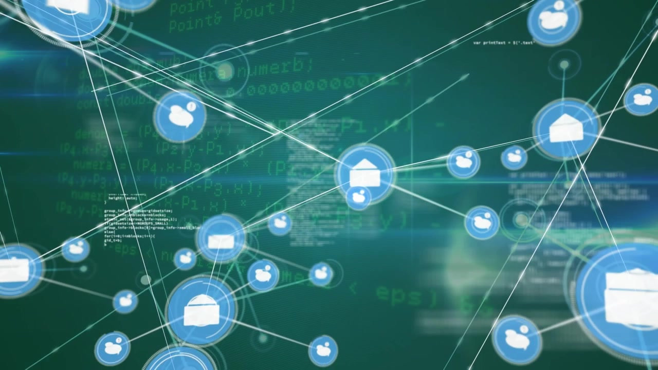 Envelope icon appearing center, white line reaching, blue nodes joining, network showing data flow