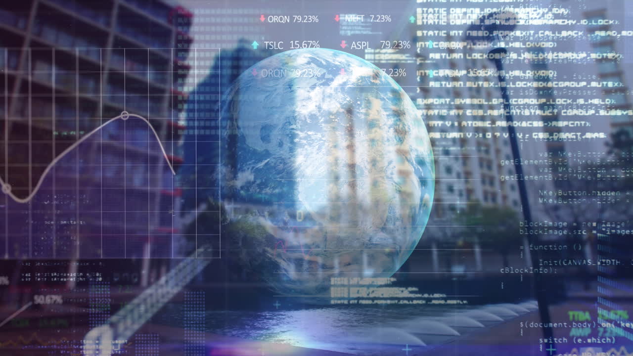 Financial data processing over spinning globe against cityscape